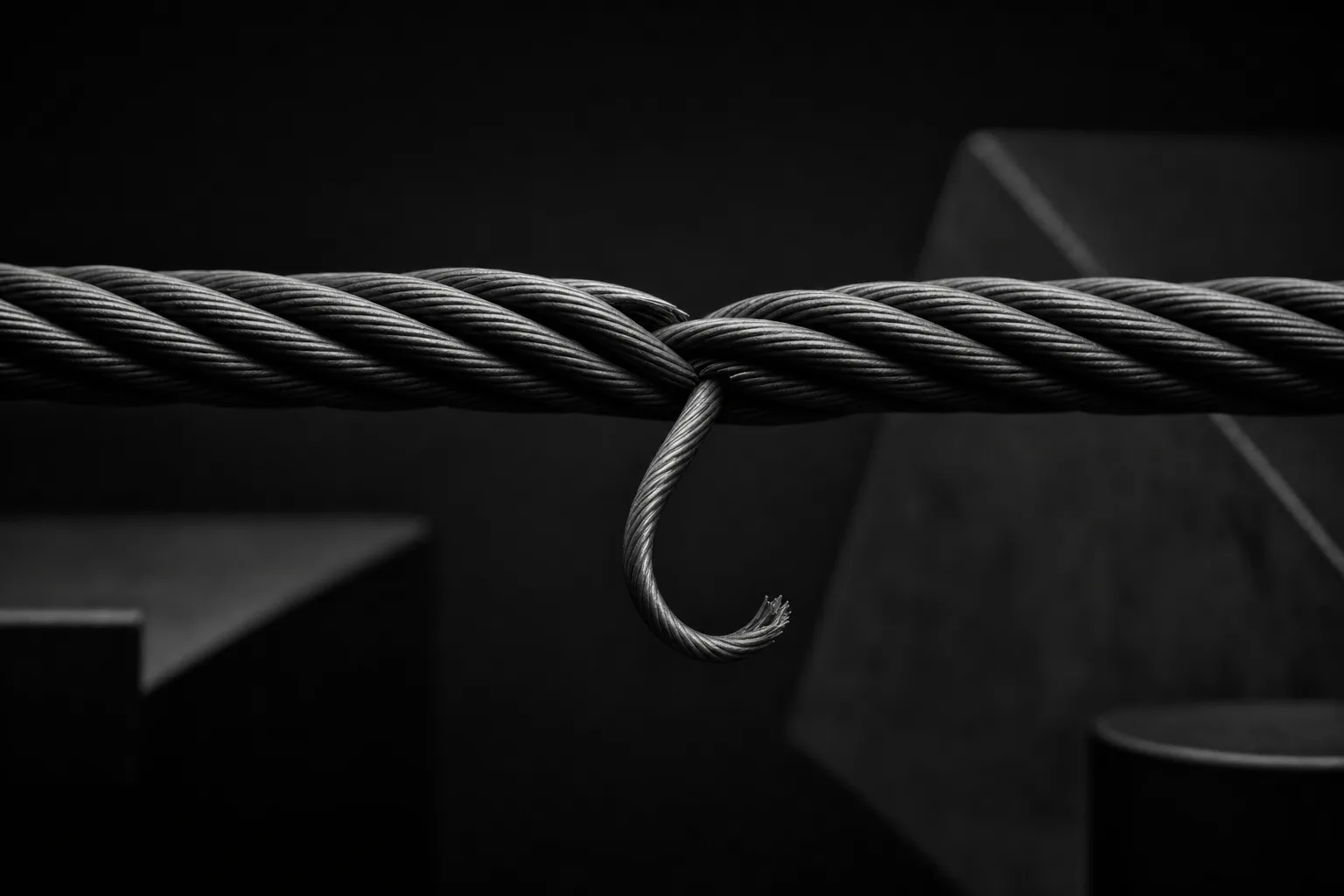 Dark 3D render of a braided steel cable under tension, with one snapped strand hanging in the centre and its frayed end exposed.