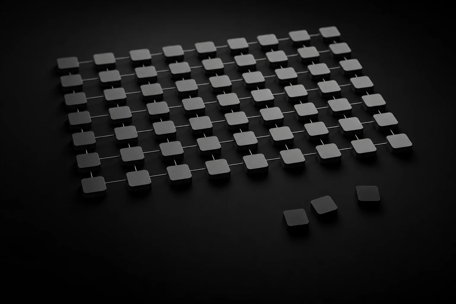 Dark 3D render of a grid of tiles linked by thin lines, with three dark tiles loose outside the grid.