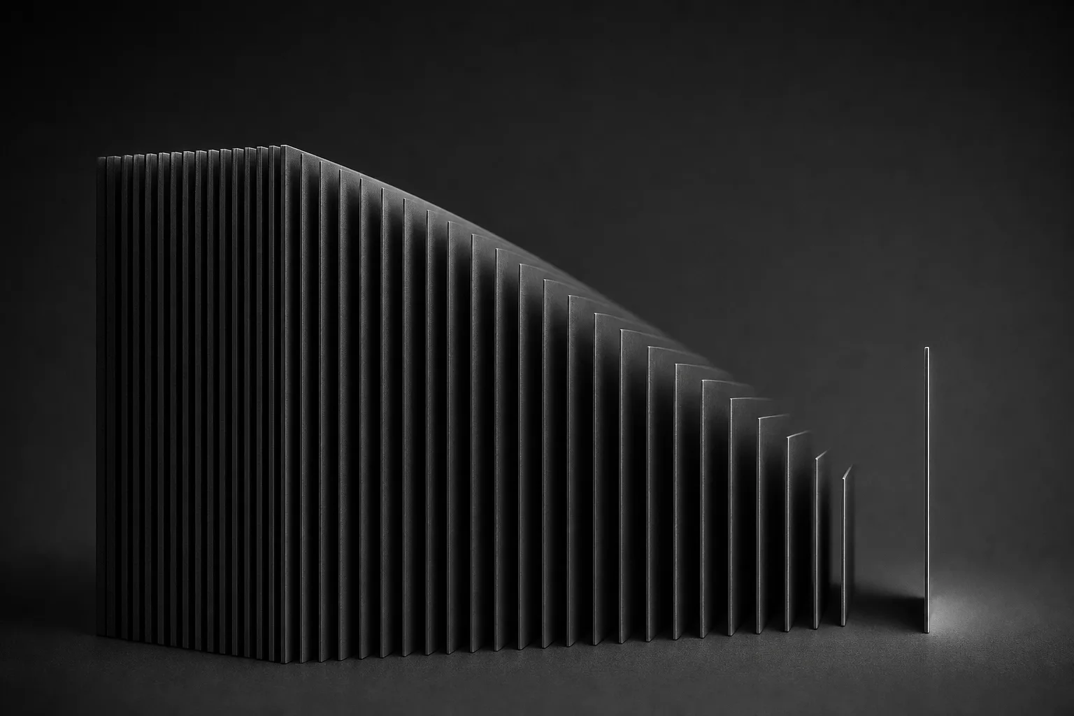 Dark 3D render of hundreds of thin stacked plates stepping down to a single lit thin plate.