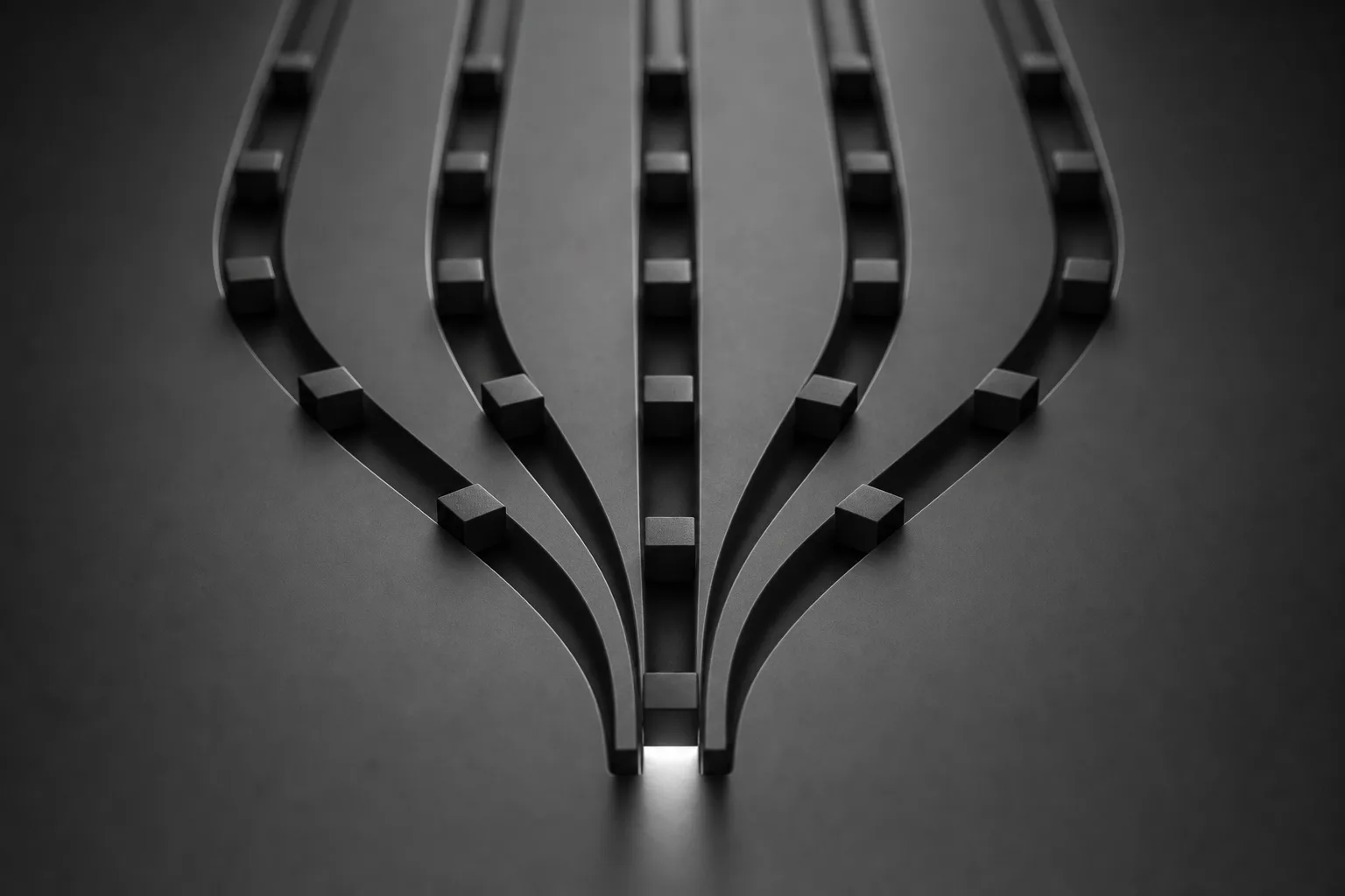 Dark 3D render of five parallel rails carrying identical blocks, curving into a single lit exit point.